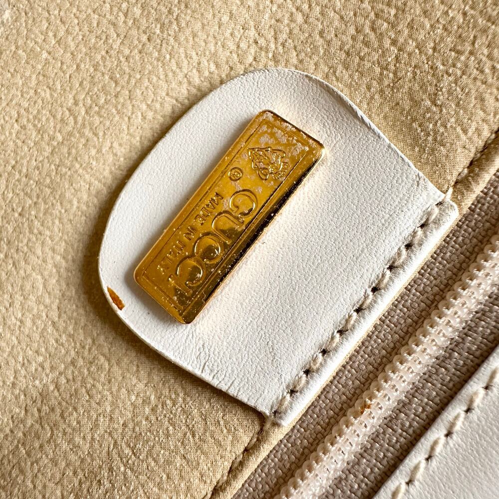 Gucci Vintage 80s Flora Flap Clutch Bag Ecru Canvas White Leather Trim READ - Picture 13 of 16